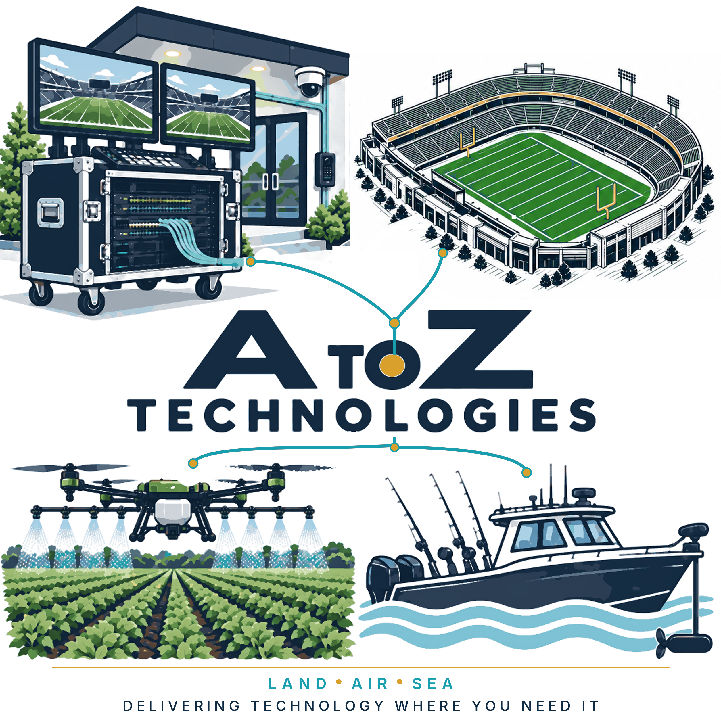 A to Z Technologies logo: network rack case, stadium, agricultural drone and boat connected by fiber to the name