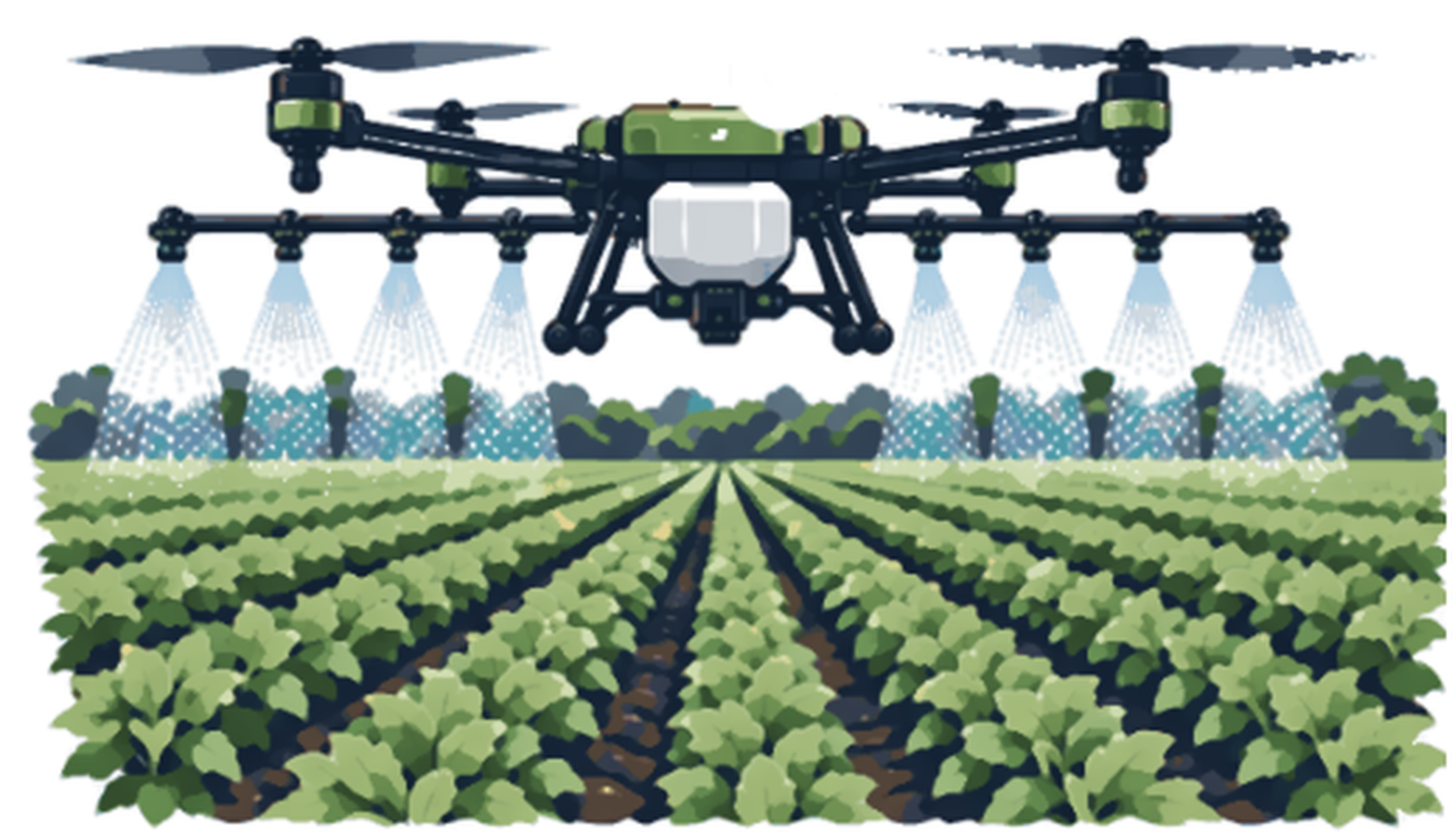 Illustration of an agricultural drone spraying a row crop field