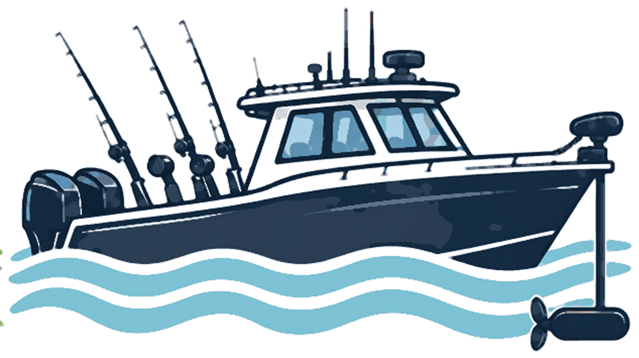 Illustration of a fishing boat with rods and a trolling motor on the water