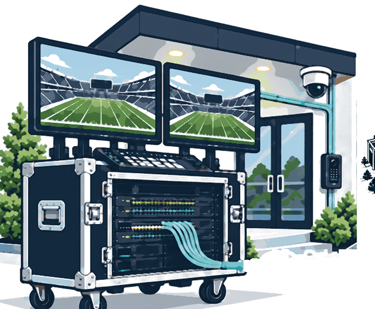 Illustration of a rack-mounted portable network case with monitors and a security camera at a building entrance