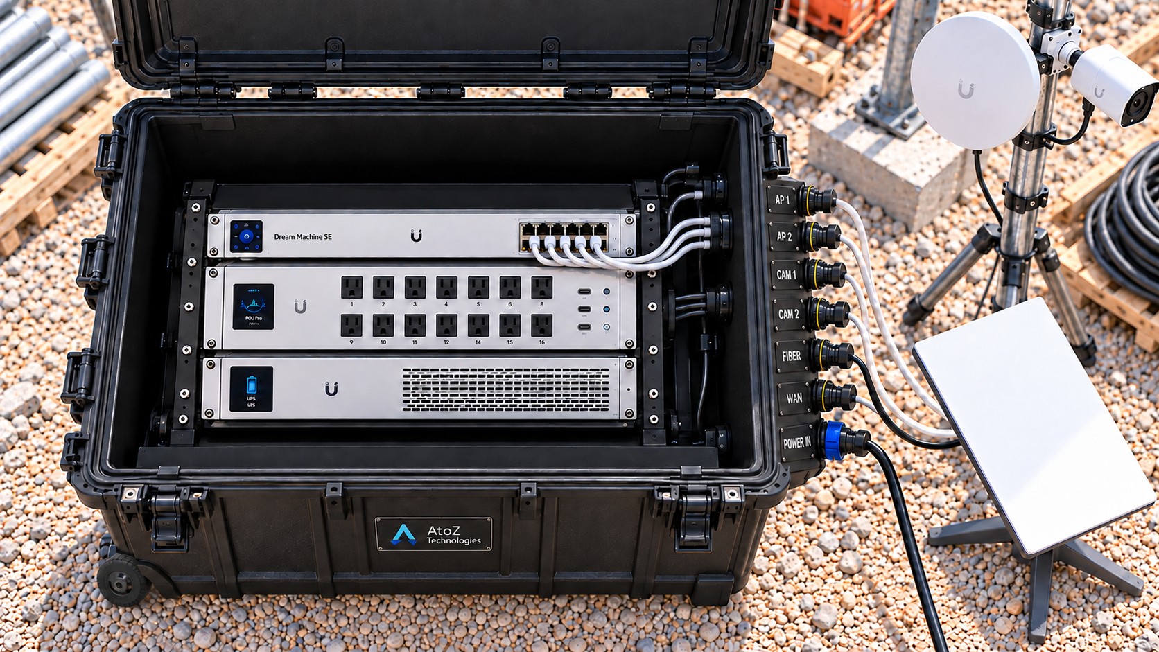 Portable network case opened to show a rack-mount gateway, PDU and UPS with labeled waterproof ports and a satellite dish