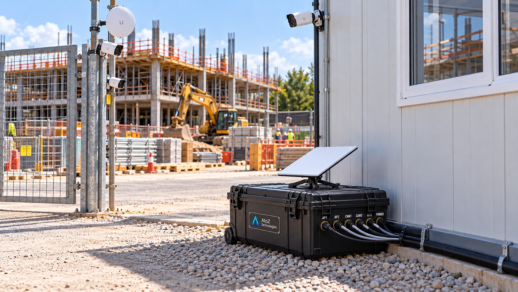 Portable network case with satellite dish, labeled waterproof ports and cameras at a construction site