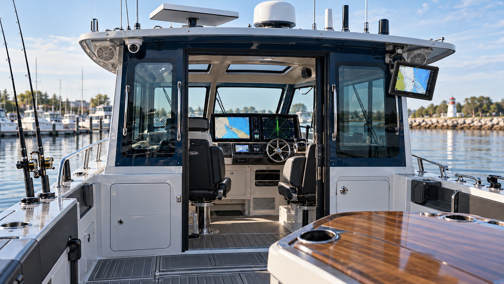 Modern fishing boat helm with radar, satellite dish, camera and two chartplotters connected as one system